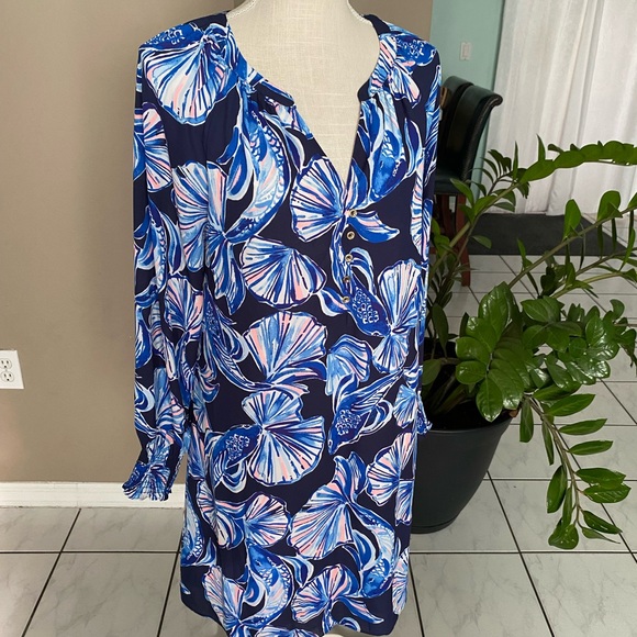 Lilly Pulitzer Shift Dress Medium Long Sleeve Koi Shell Print V-Neck Modified - Picture 1 of 14